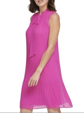 DKNY Hot Pink Pleated Dress with Bow Neck